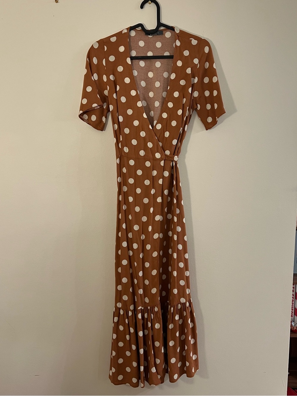 Brown and White Polka Dot Frill Wrap Midi Dress